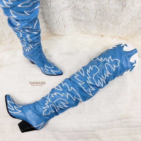 Turquoise Blue Embroidered White Western OTK Thigh High Slouch Cowboy Boots - Picture 2 of 15